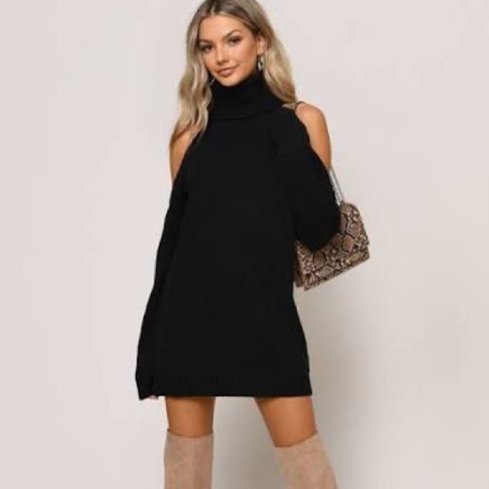 Black cutout shoulder sweater dress